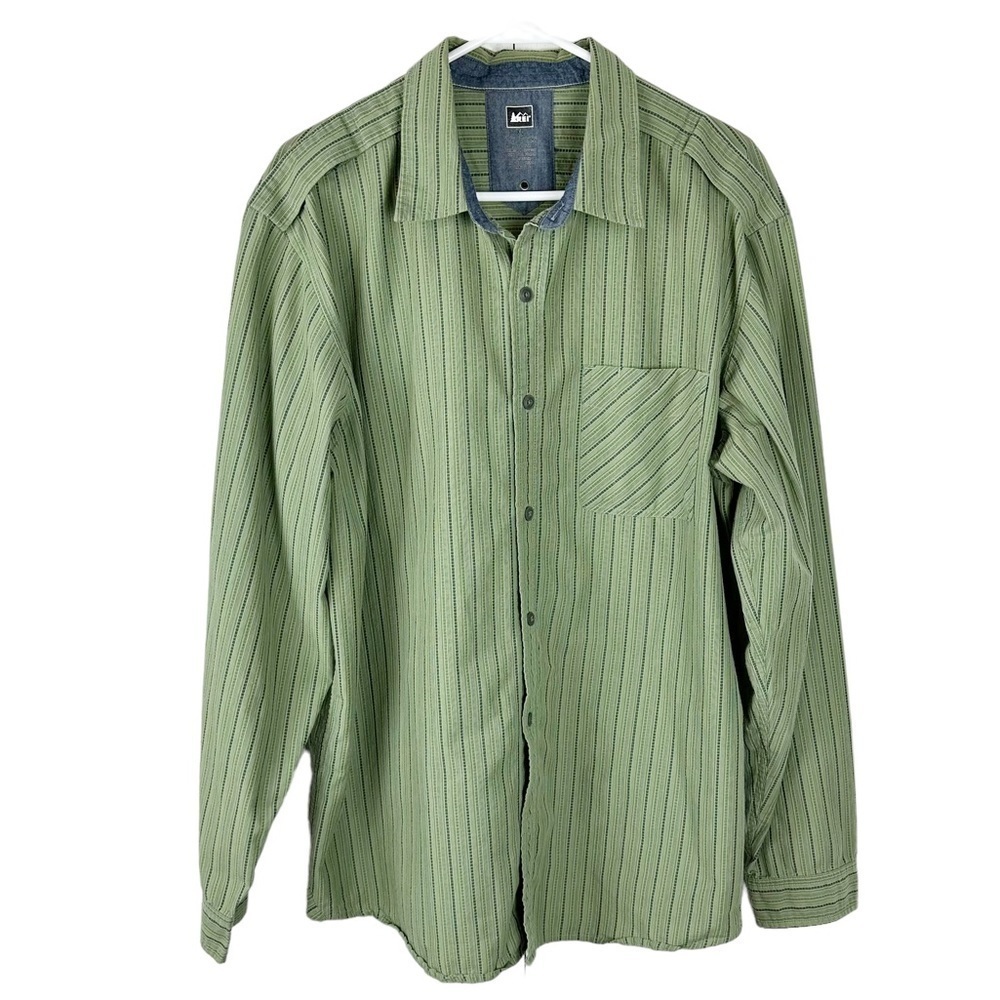 REI Men’s Green Stripe Long Sleeve Button Up Cool Plus Shirt Hiking Gorpcore
